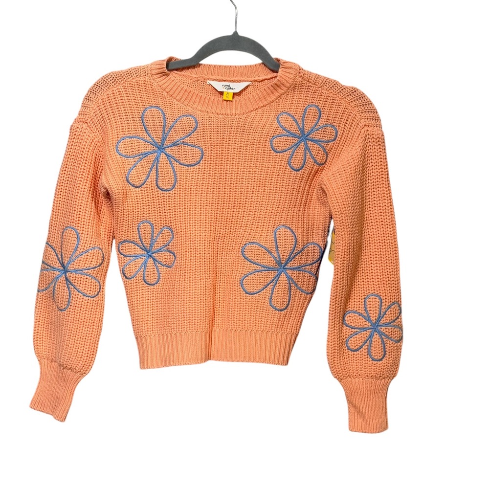 Rumi + Ryder Kids Peach Orange Blue Embroidered Daisy Knit Sweater Size S 6-7